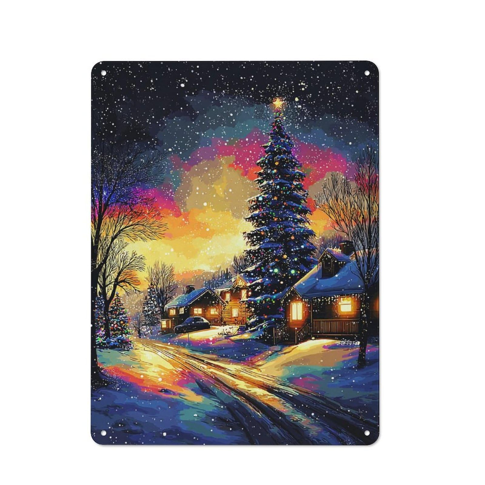 Decorative Tin Sign with Christmas Night Village Scene Design 40x30cm, Farmhouse Cottage Wall Art for Farmhouse Kitchen, Pantry Or Dining Area