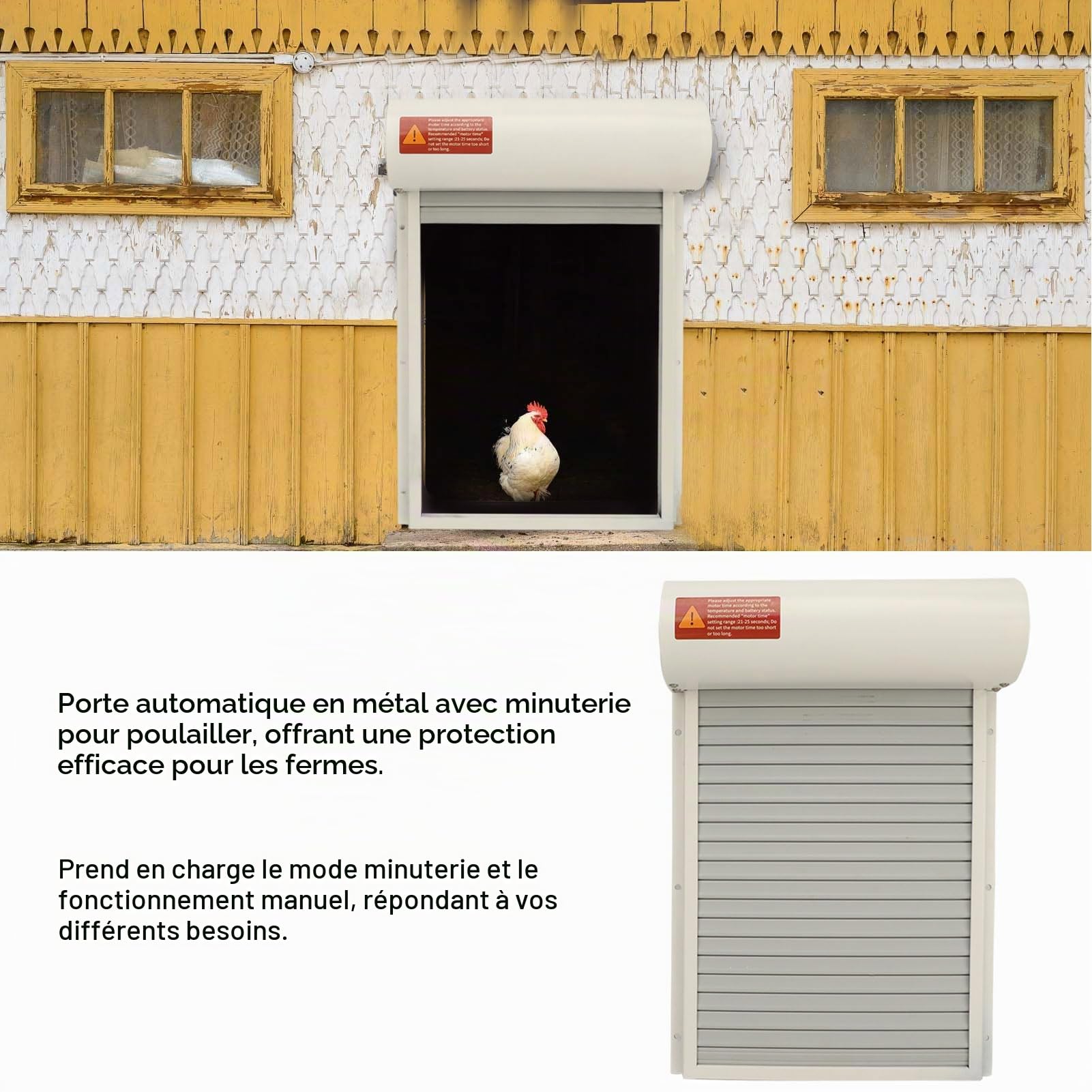 Porte à énergie Solaire en Métal pour Ferme D'oies de Canard, Porte Automatique de Poulailler, Cages à Volet Roulant avec Minuterie, Mode Manuel pour Protéger Les Volailles (White)