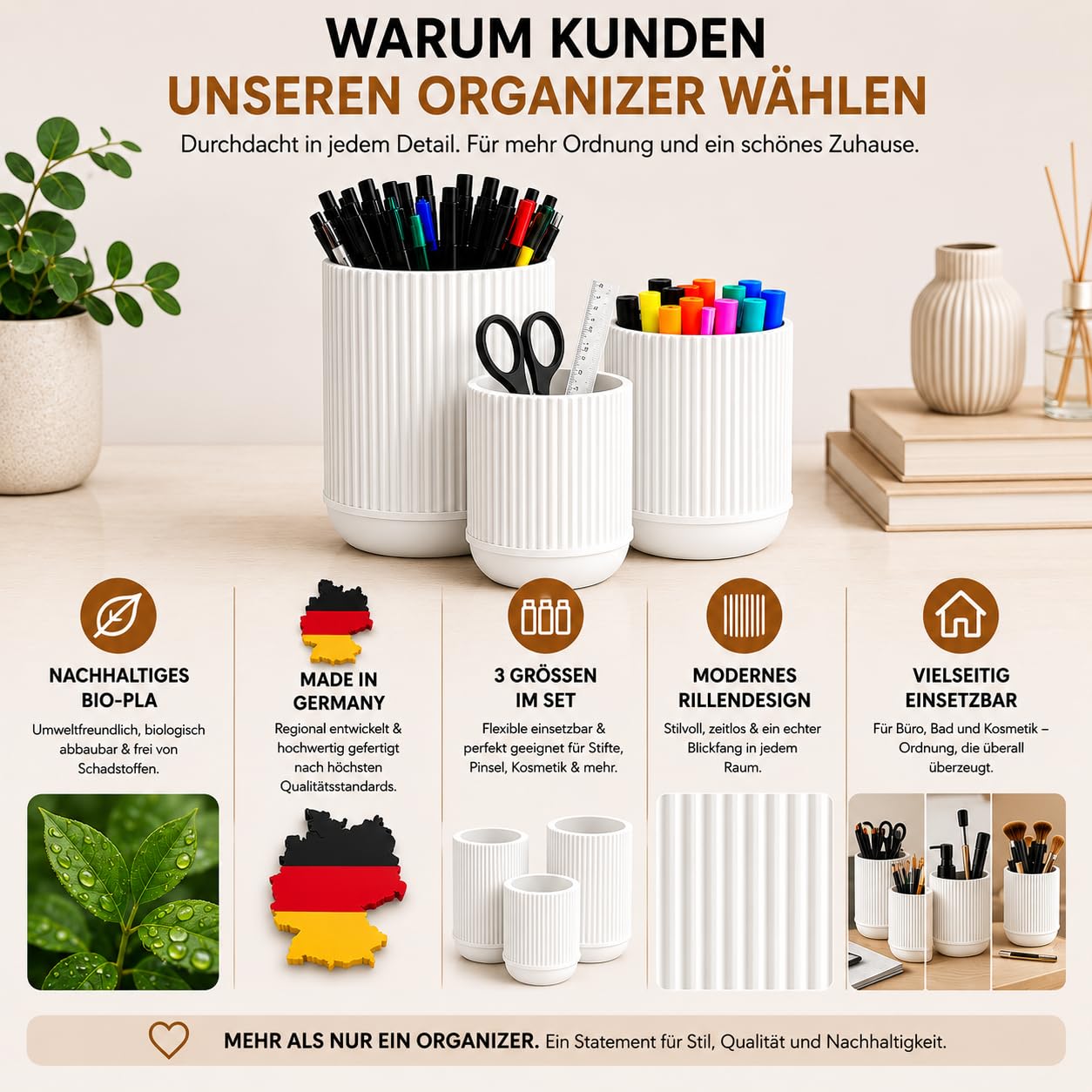CABU Stiftehalter Weiß 3er Set – Minimalistischer Schreibtisch Organizer – Multifunktionaler Stiftebecher & Pinselhalter aus robustem Kunststoff – Modern Matt für Büro, Homeoffice & Kosmetik
