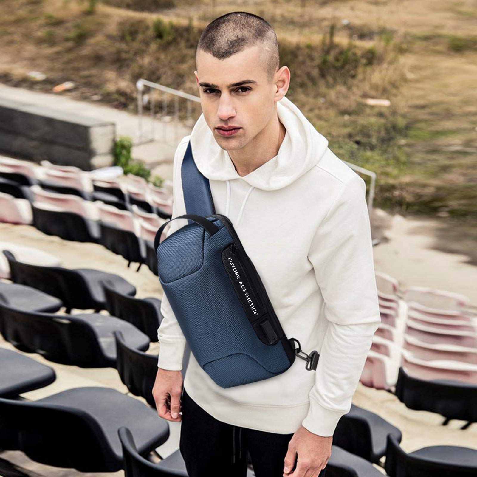 FANDARE Sac Bandoulière Anti-Vol pour Homme et Femme, Sac de Poitrine avec Port USB, Sac Crossbody Étanche, Sac à Dos Bandoulière pour Randonnée Vélo Course Voyage
