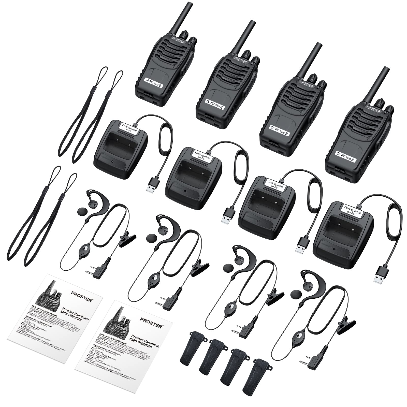 Proster Walkies Talkies Recargables 4PCS Walkie Talkie Profesional Walky Talky 16 Canales de Larga Distancia con Pinganillos,Linterna LED, VOX Función para Adultos y Niños — view 8