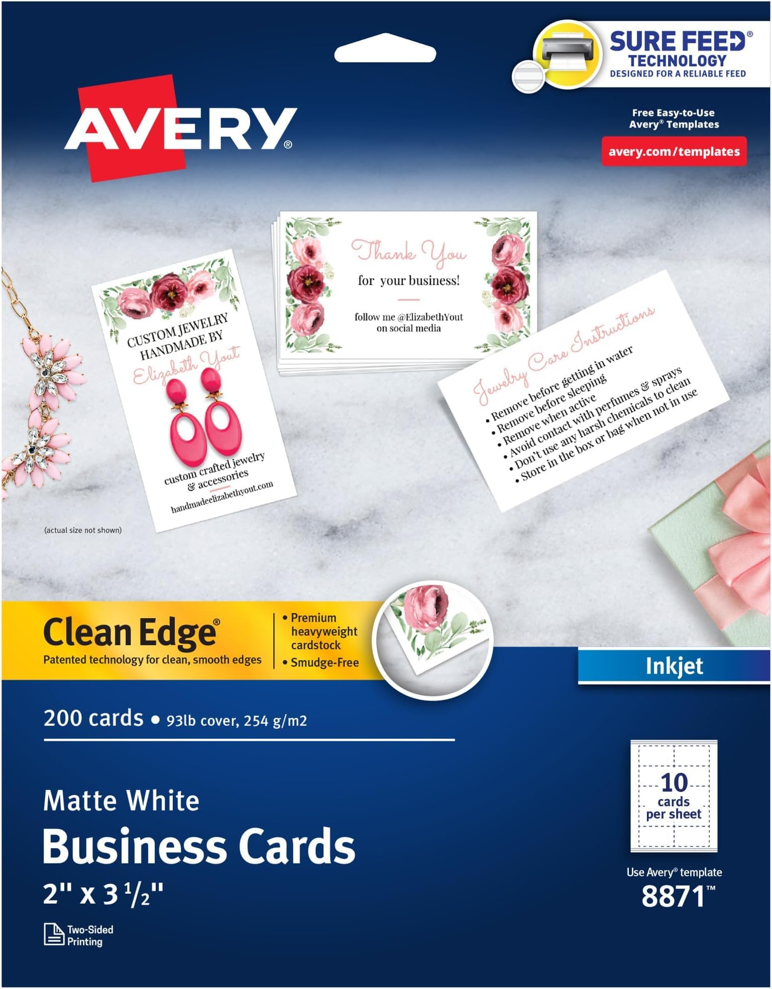AVERY Business Cards, 2" x 3.5", White, 200 Cards | Clean Edge | Sure Feed Technology | For Inkjet Printers | Pack of 5