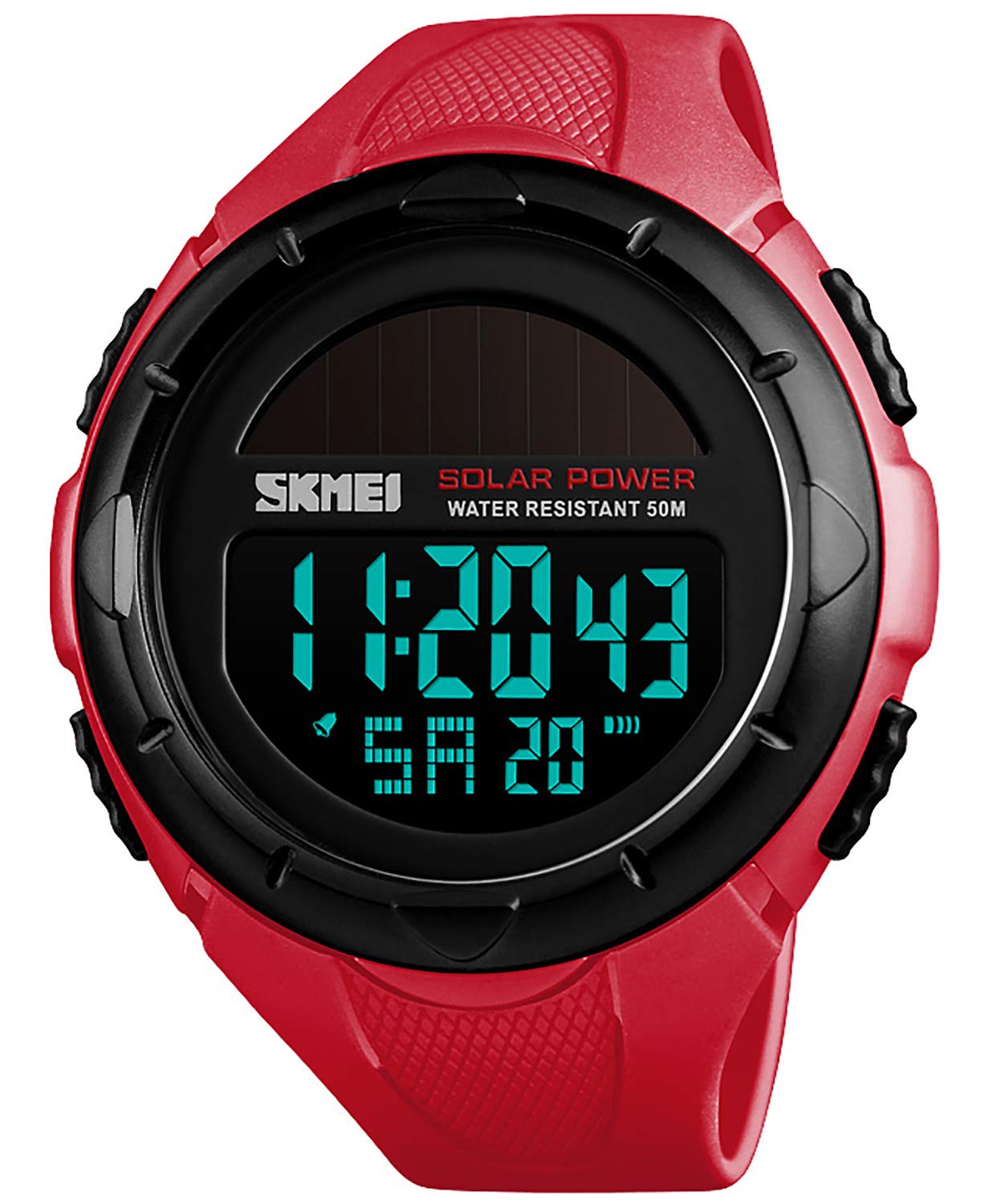 PASOY Men Digital Multifunction Solar Watch LED Swim Waterproof Red Rubber Band Alarm Date Outdoor Watch (Red)