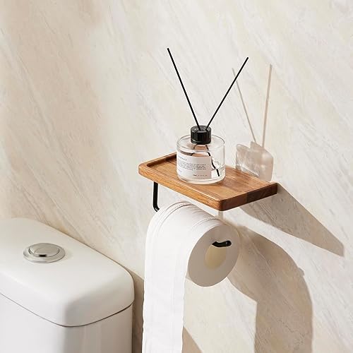 Miniatura 2 de Yangbaga Soporte de papel higiénico con estante almacenamiento de rollo de papel higiénico de baño con adhesivo y tornillo, accesorios de baño de