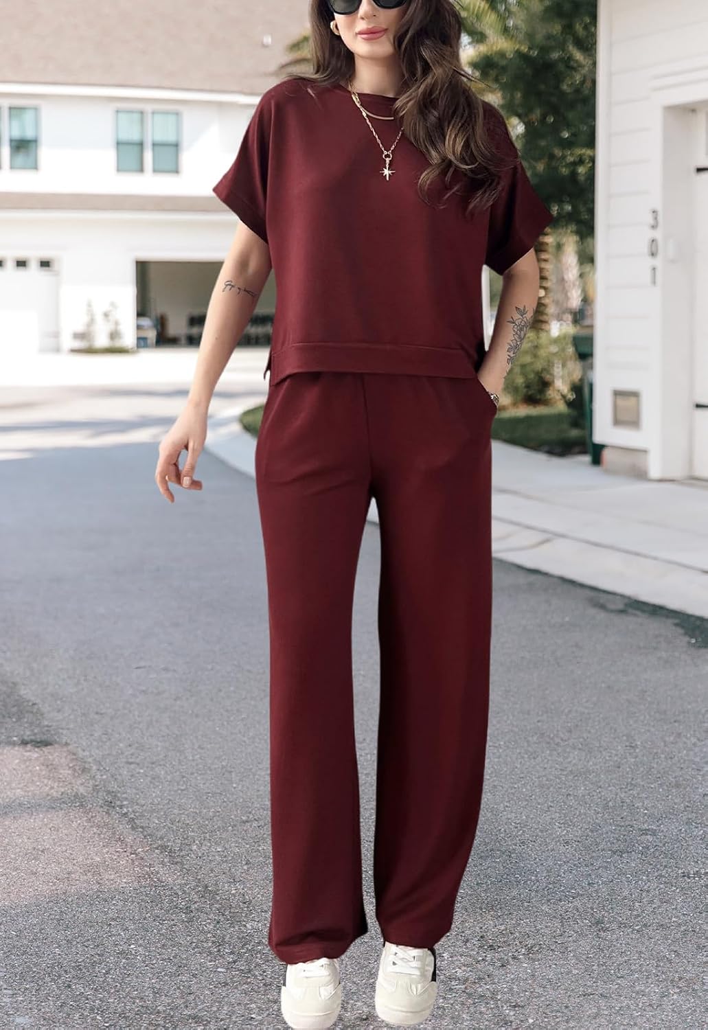 Women's 2 Piece Outfits Summer Casual Short Sleeve Pullover Tops Wide Leg Pants Sets Jumpsuits - Image 5