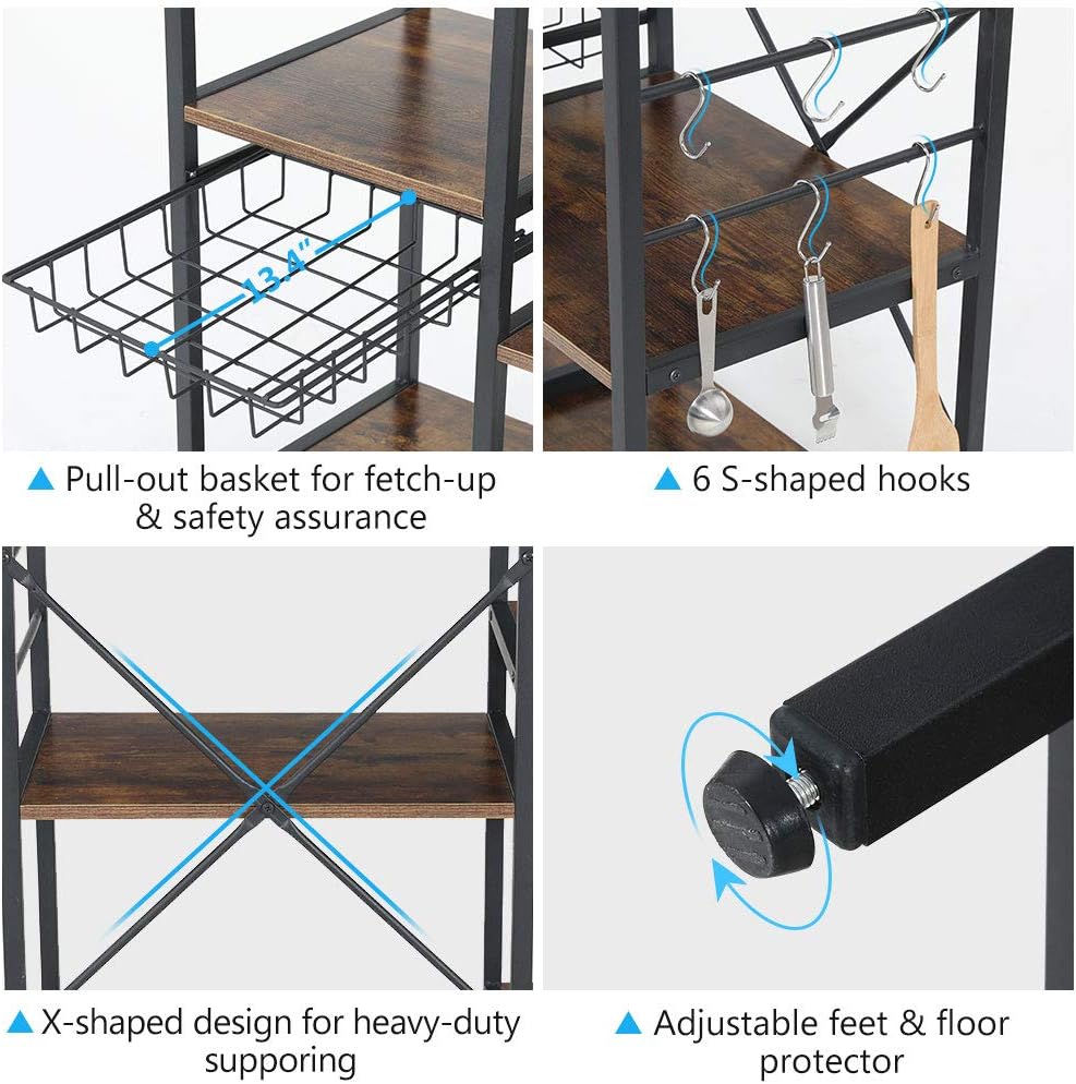 Tribesigns 35.5 inches Kitchen Baker’s Rack Microwave Oven Stand, Industrial Kitchen Cart Utility Storage Shelf Organizer Coffee Bar with Wire Basket and 6 Hooks (Rustic Brown)