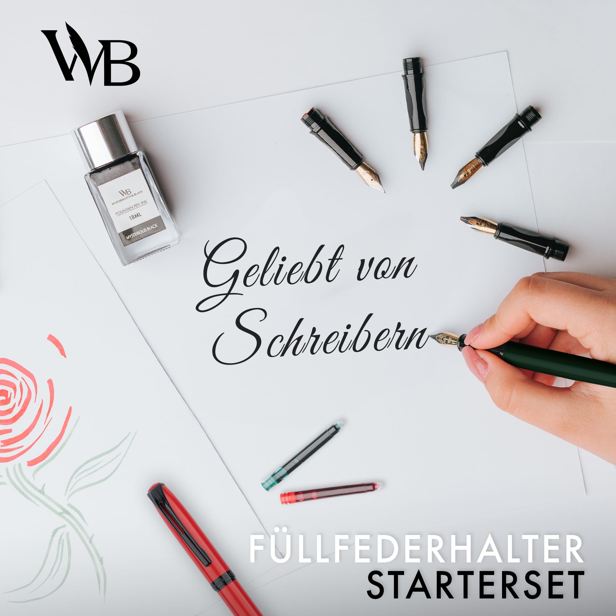 Wordsworth & Black Füller Set für Anfänger, Kalligraphie, Grün | Füllfederhalter, Pinselstift + 5 Federn, 60 Tintenpatronen + Tintenfass, Konverter, Journaling, Geschenk für Männer & Frauen