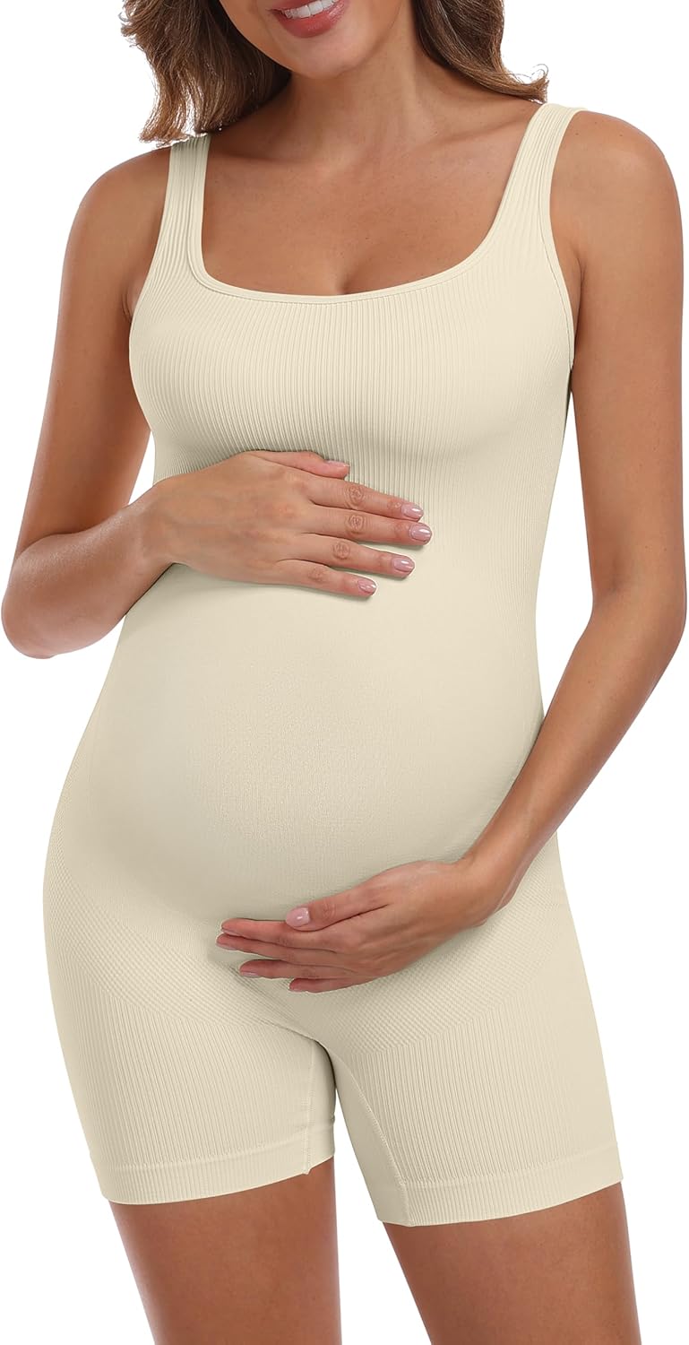 OLCHEE Womens Maternity Workout Romper Seamless Ribbed Square Neck Pregnancy Jumpsuit Summer Sleeveless Yoga Bodysuit Shorts - Image 5