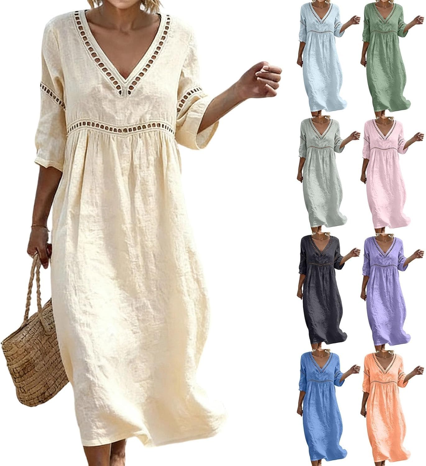 Generico Abito Lino Donna Abito Estivo a Maniche a 3/4 Boho Chic Abiti Vacanza Comodo Taglie Forti Vestito Lungo in Cotone Scollo a V Largo Vestiti da Spiaggia Tinta Unita Morbido e Traspiranti