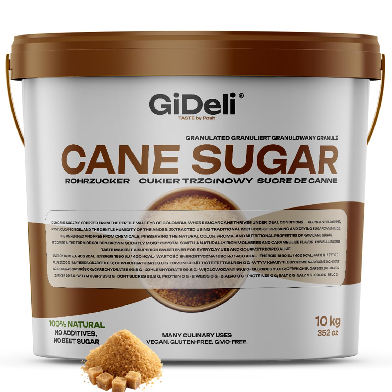 GiDeli Sucre brun 10 kg non raffiné dans un seau