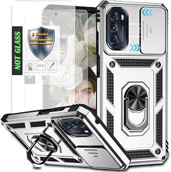 for Moto G 5G Case,with 2 Pcs Explosion-Proof Film,Slide Camera Cover Protective Case with Ring Kickstand for Motorola Moto G 5G 2022,Silver