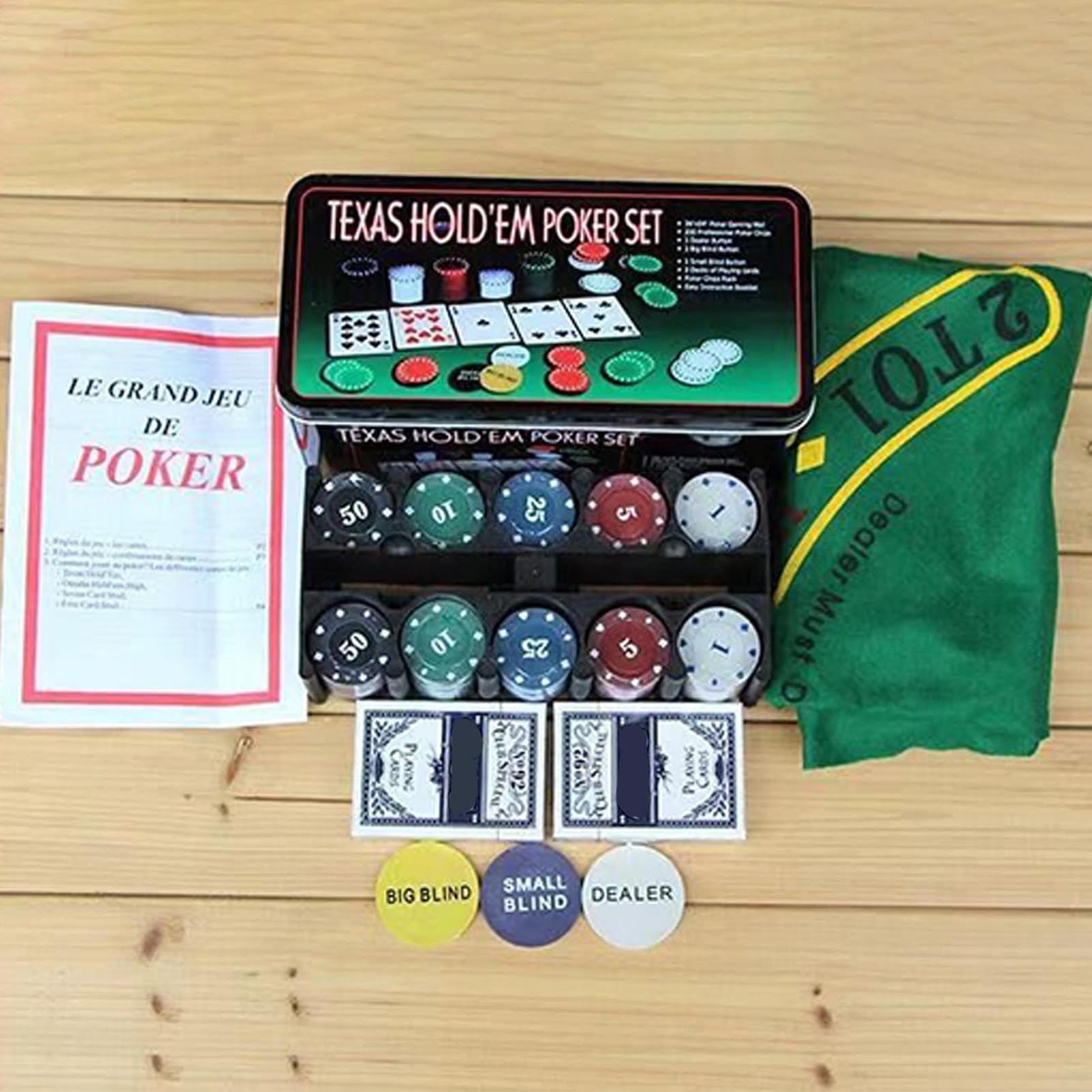 Zestaw pokerowy Karty, Żetony, Kości, Przycisk Krupiera, Gra Texas Holdem | Zestaw Żetonów Pokerowych, do Texas Hold'em, do Wieczorów Gier, Gry w Kości, do Imprez Domowych, Kemping, oraz w Podróże