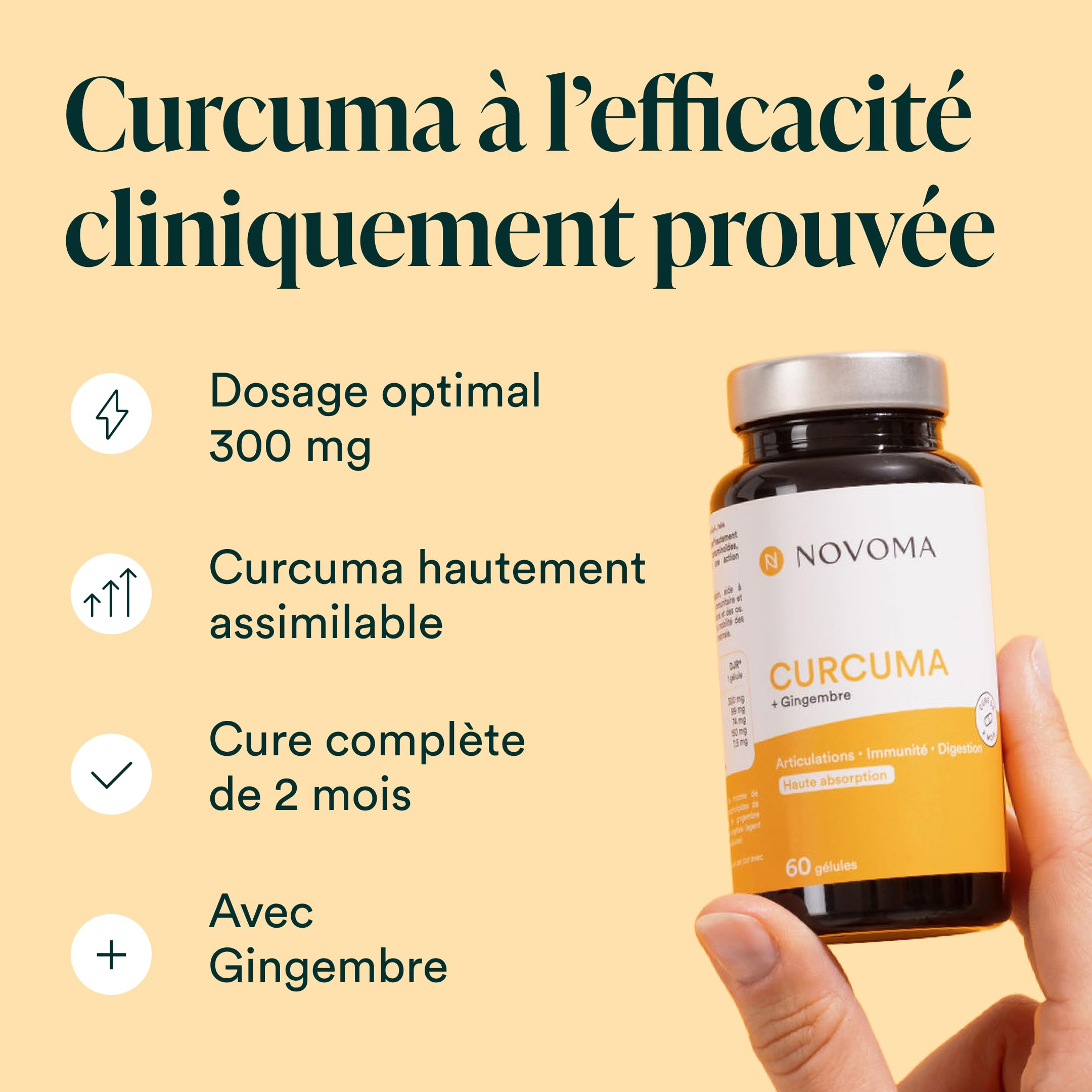 NOVOMA Curcuma 300mg Breveté Meriva®, avec Gingembre, Soutient la Digestion et le Confort Articulaire, Haute Teneur en Curcumine, Cure de 2 mois, Fabriqué en France
