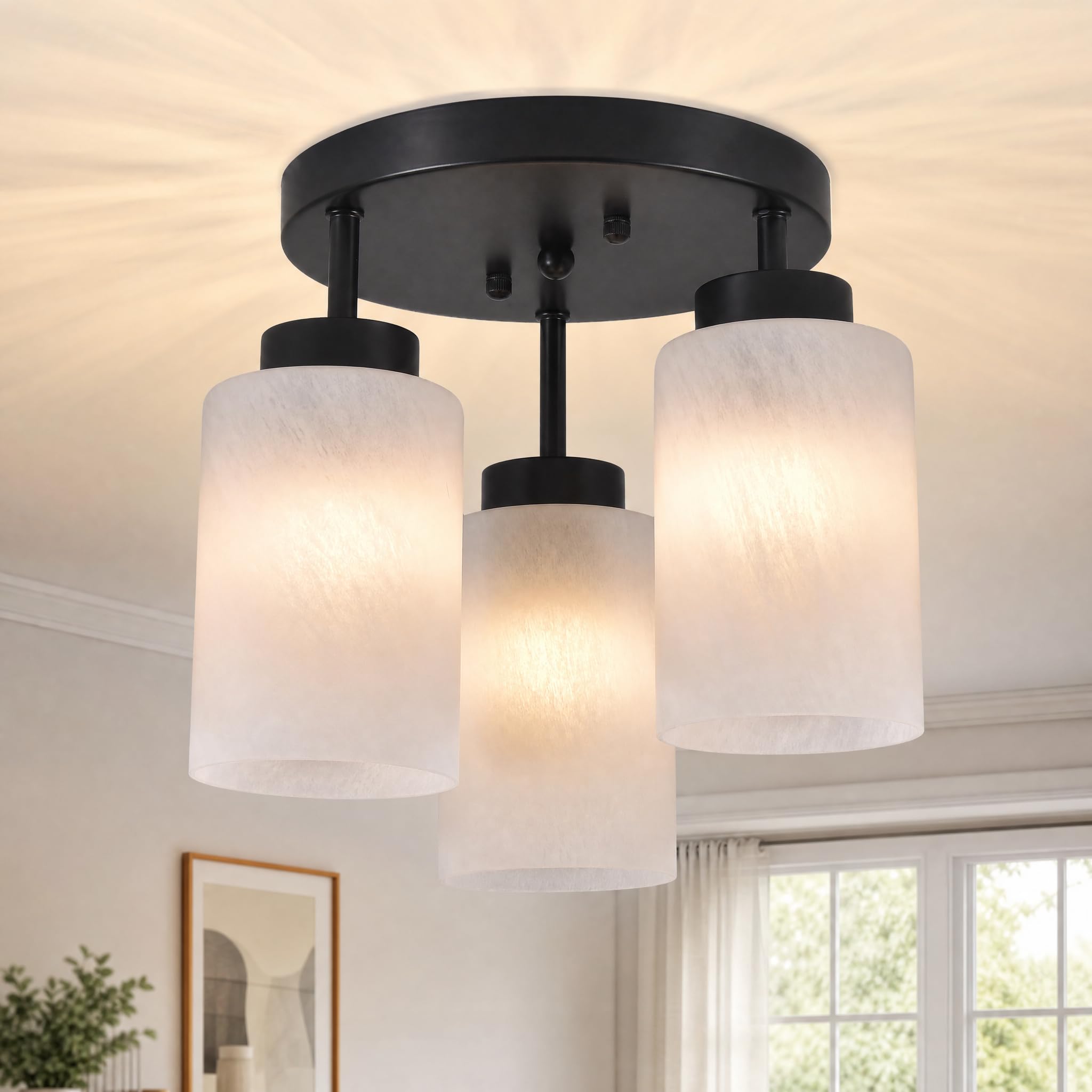 Black Ceiling Light Fitting 3-Light Glass Semi Flush Ceiling Lights Modern