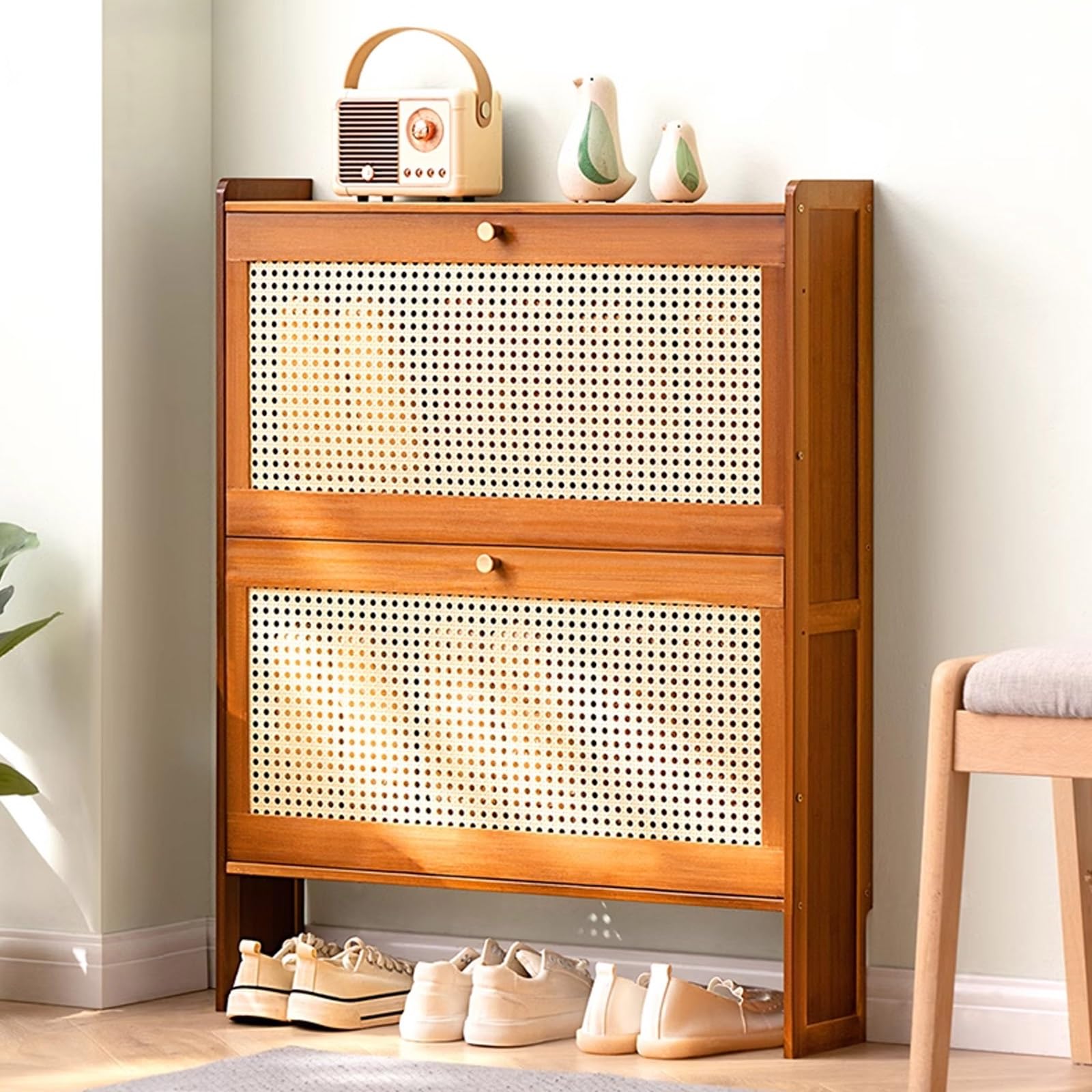 SVFOEBJM Shoe Storage Cabinet, Shoe Cabinet for Entryway Narrow, Plastic Rattan Shoe Cabinet, Freestanding Wooden Shoe Rack Storage Cabinet for Entryway Hallway Bedroom