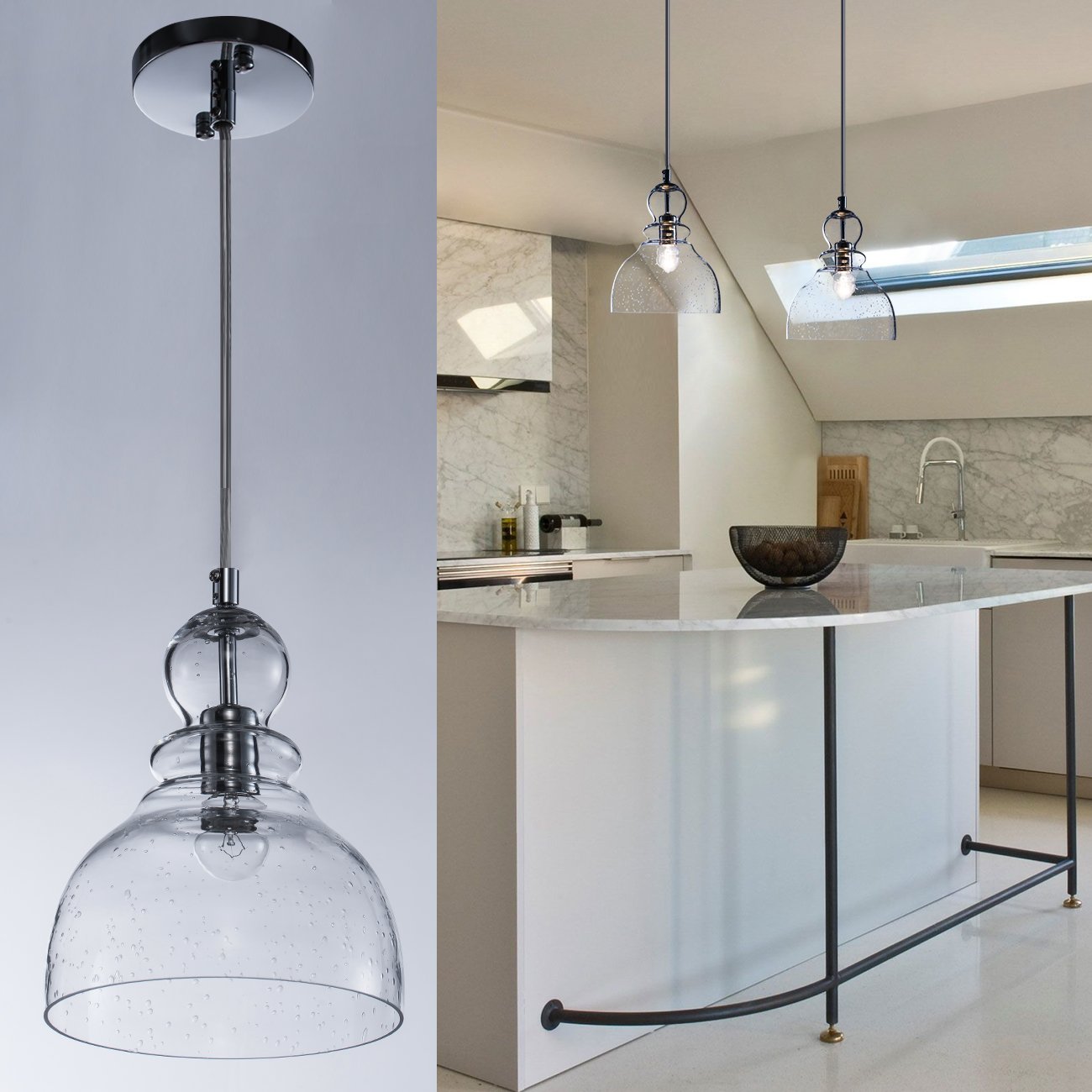 Industrial Mini Pendant Lighting, Adjustable Edison Farmhouse Kitchen Lamp with Handblown Clear Seeded Glass Shade for Bedrooms Restaurants Hotels and Shops