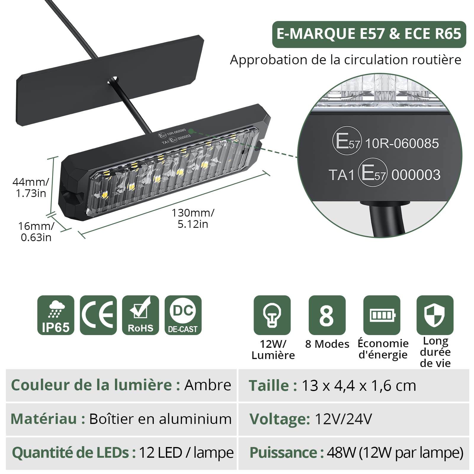 EYPINS 4x Feux de Pénétration à 12 LEDs - 48W Étanche IP68 12/24V Orange - Prise Allume-Cigare 8 Modes Flash Lampe Stroboscopique d'Urgence pour Remorque/Caravane/Van/Camion - CE&ROHS