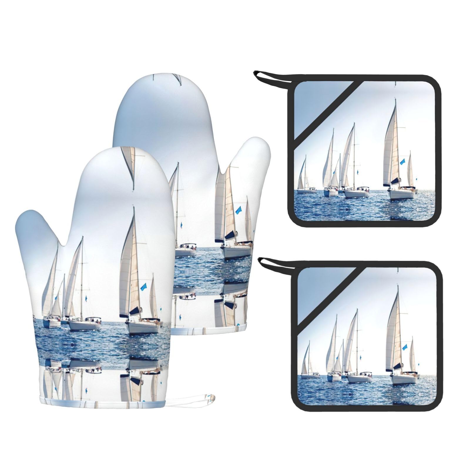 Ocean Sailing Trendy Printed Kitchen Set with Heat Resistant Gloves & Non-Slip Hot Pads for Baking & Grilling