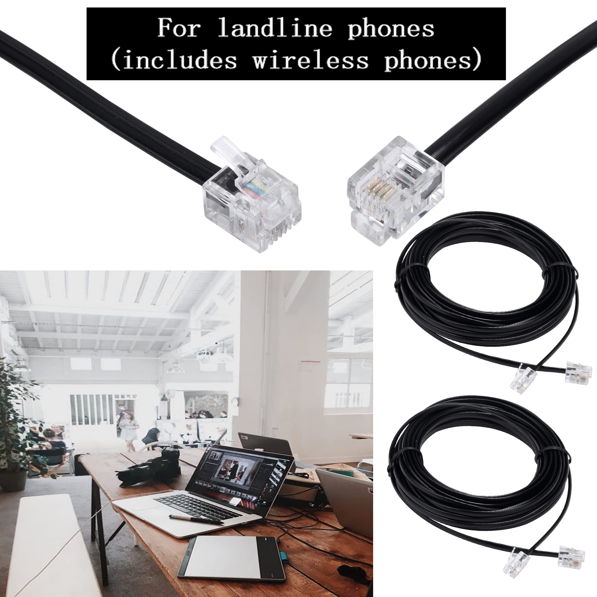 Cavo di prolunga per telefono da 4,6 m con connettori standard RJ11 6P4C per telefono fisso, nero, confezione da 2