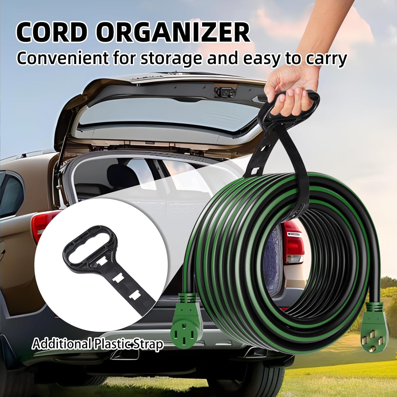 50 Feet 50 Amp RV/EV Extension Cord with Grip Handle, Heavy Duty 6/3+8/1 Gauge STW 4 Prong RV Power Cord, NEMA 14-50P/R with Cord Organizer for Tesla Model 3/S/X/Y, Black & Green, ETL Listed