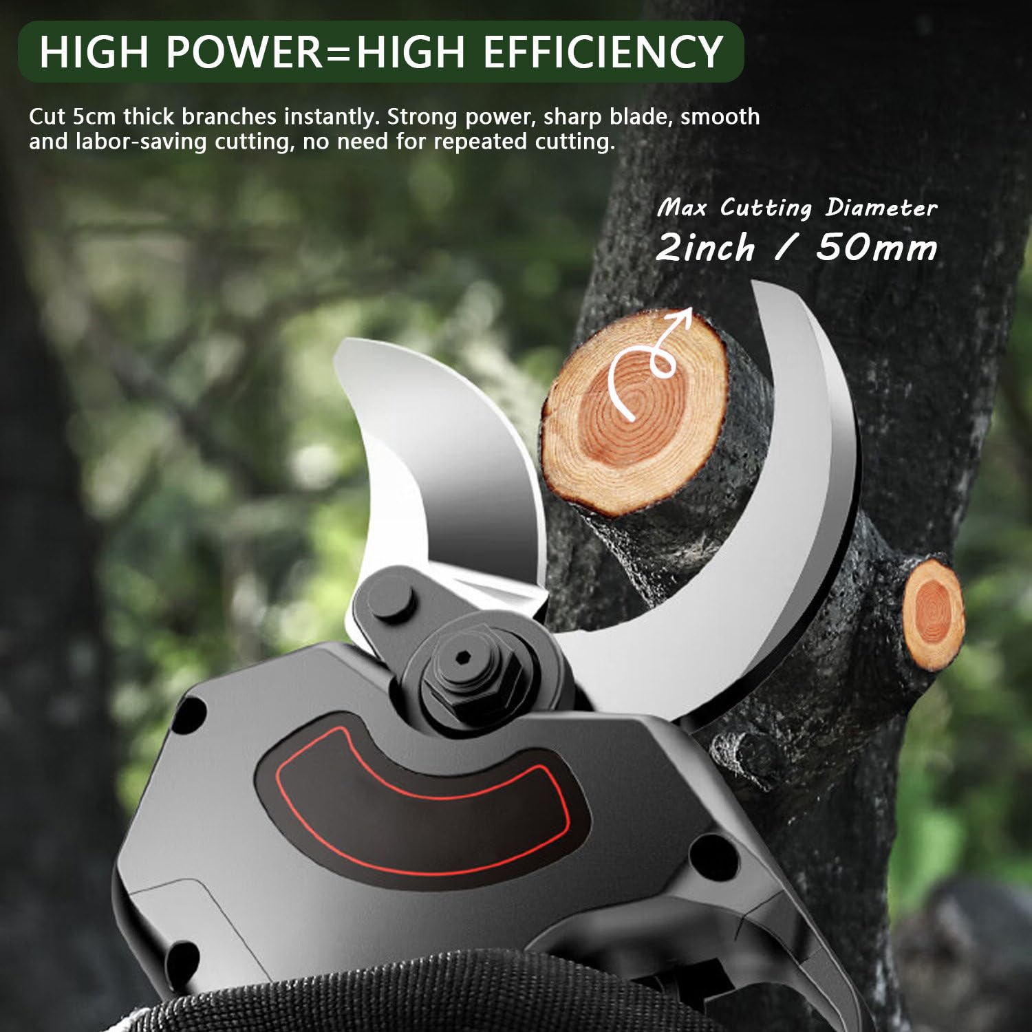 Potatore Telescopico per Alberi, Forbici Elettriche a Batteria da 50mm con Asta da 1.3-2.1M, 2 Batterie da 4500 mAh, Forbici da Potatura per Vigneti, Ulivi, Giardinaggio