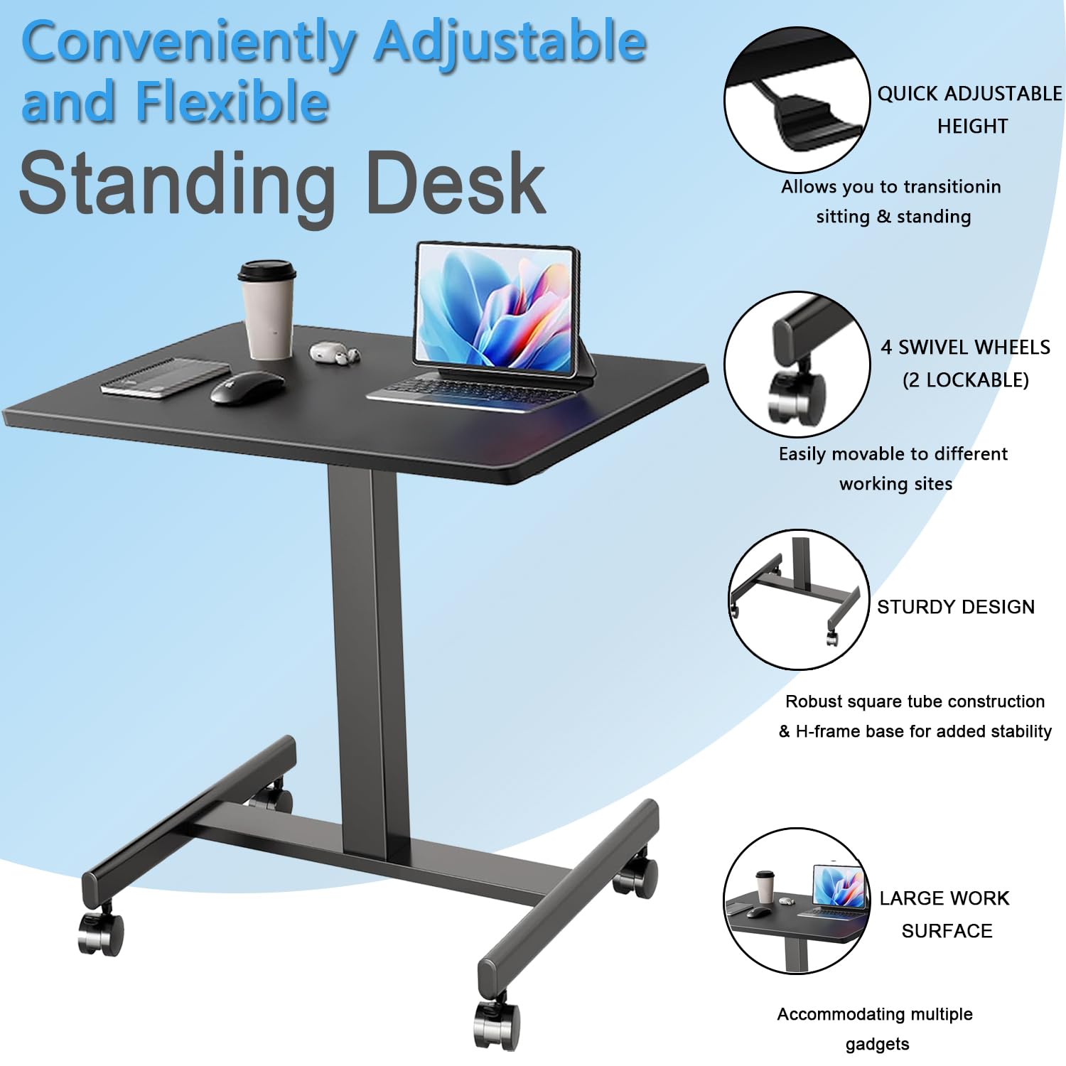 Mobile Standing Desk Adjustable Height Rolling Laptop Table with Lockable Wheels Portable Desk for Home Office Small Computer — view 4