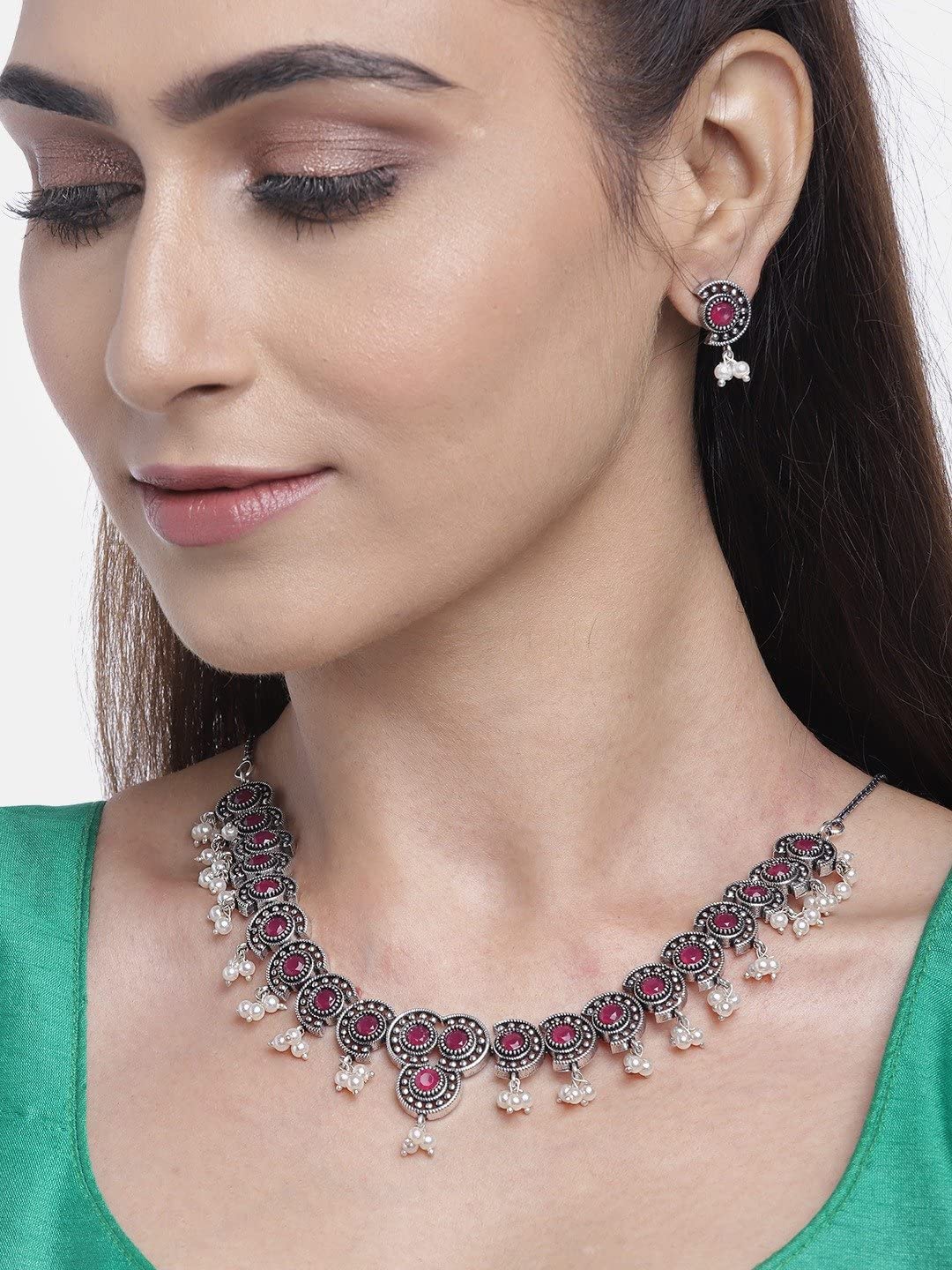 Gold-Plated Artificial Stone Studded Jewellery Set with Bead Drop