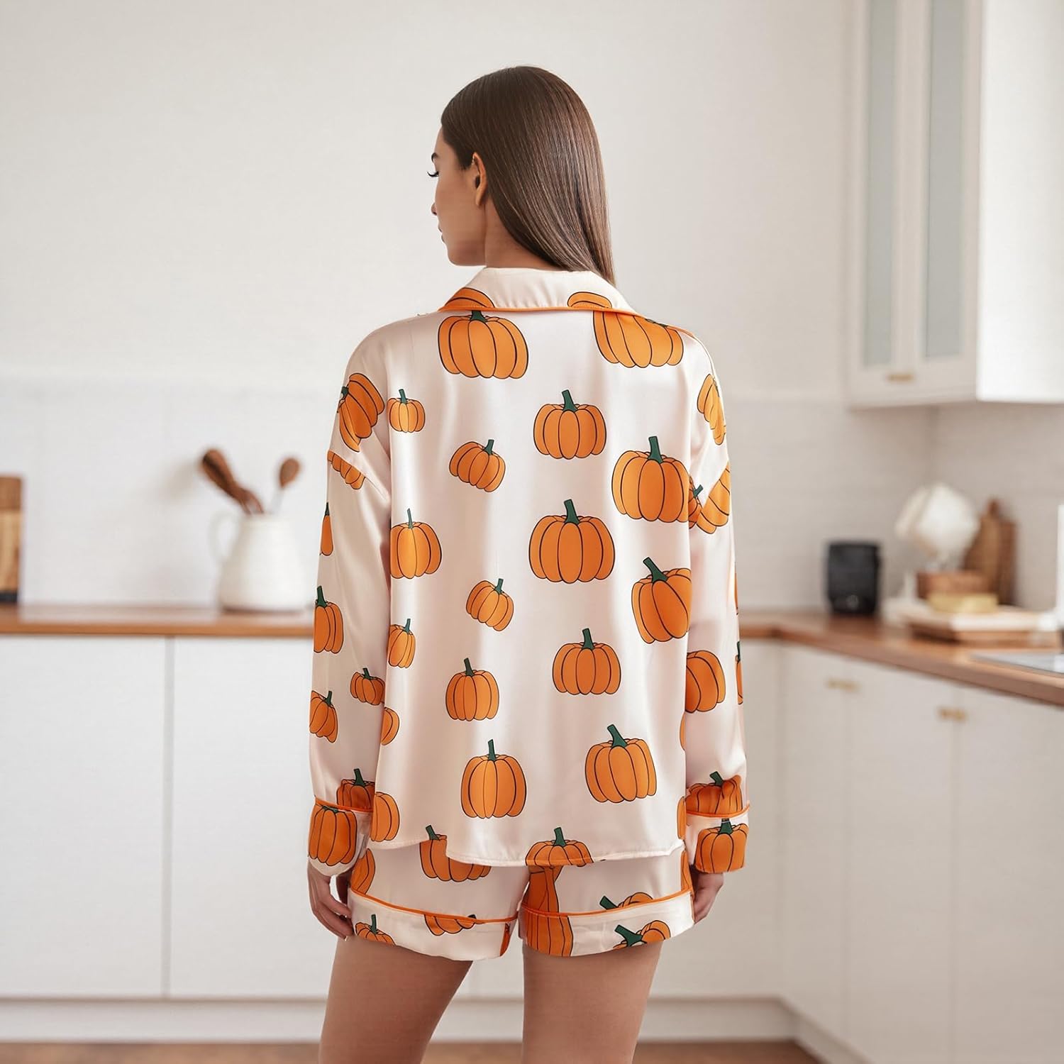 Womens Halloween Silk Pajama Set Pumpkin Bow Print Long Sleeve Button Down Shirt Shorts Y2k Holiday Sleepwear - Image 6