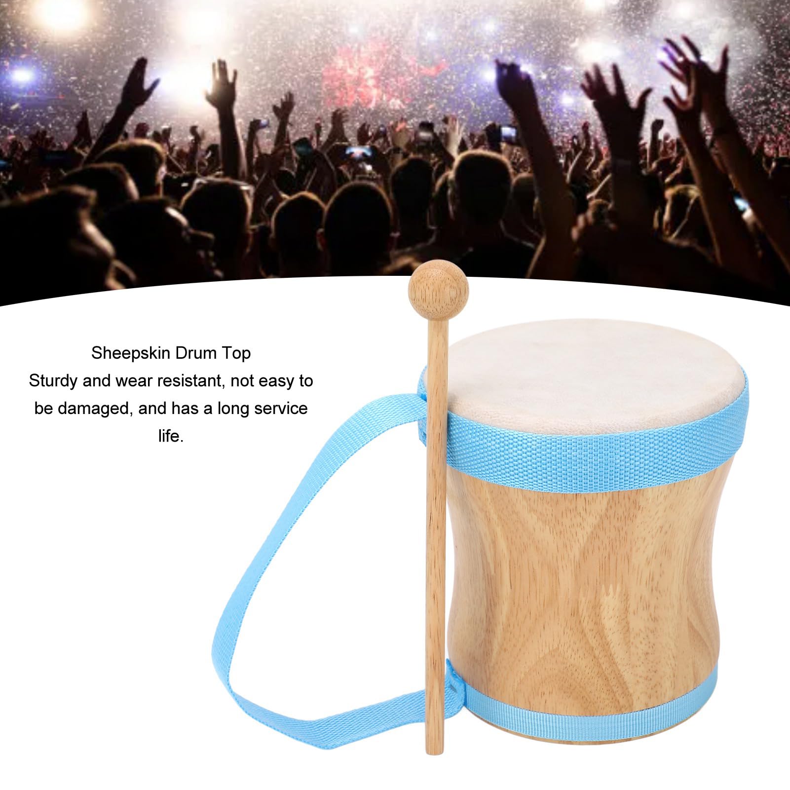 Tambour Bongo à main, instrument de percussion musical en peau de mouton avec sangle de transport et bâton (bleu)
