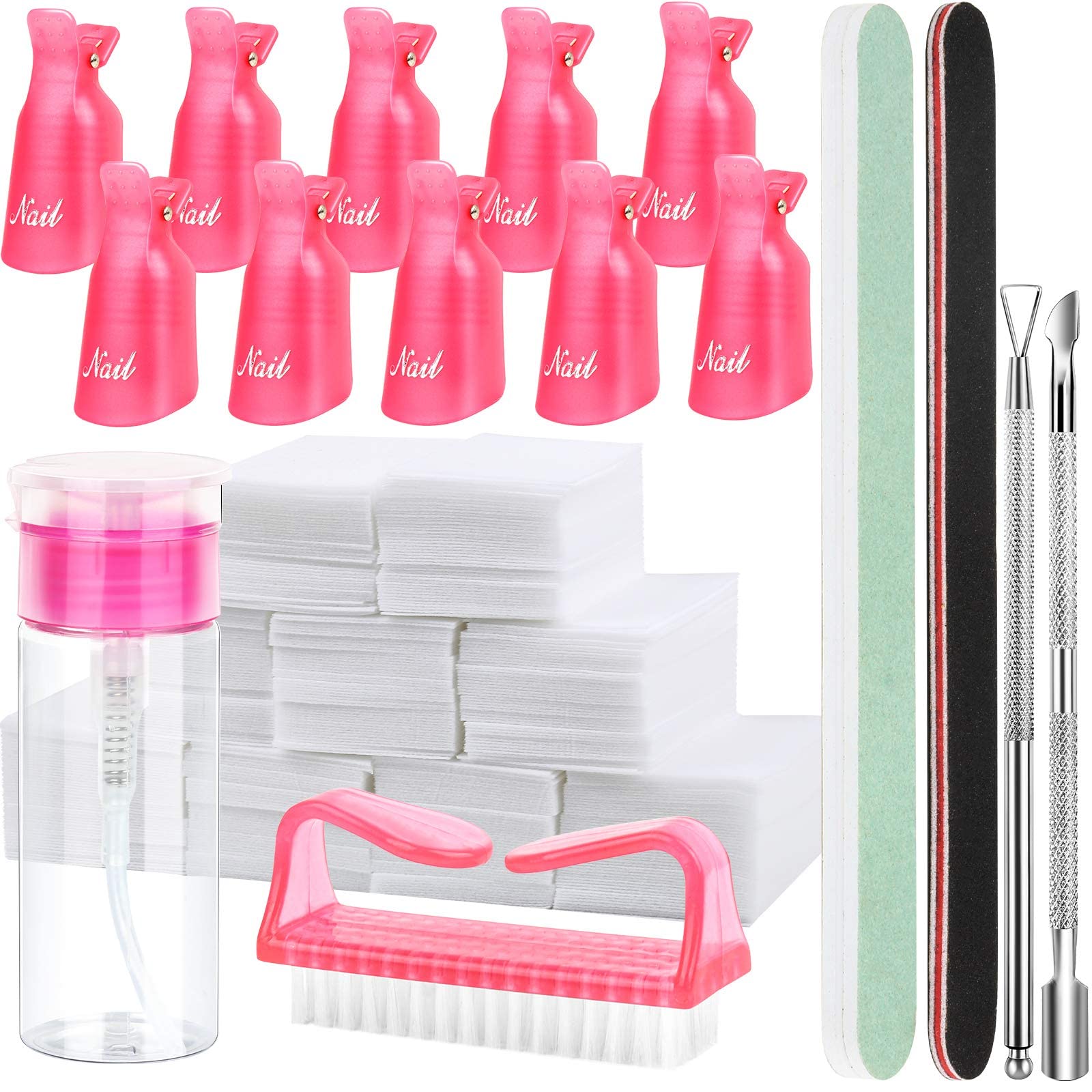 KASTWAVE Nail Polish Gel Remover Tools Kit with Nail Clips, 100ml Nail Polish Remover Bottle, 500 Nail Remover Cotton Pad, Nail Brush, Cuticle Pusher, Cuticle Peeler, 100/180 Nail File,Buffer Block
