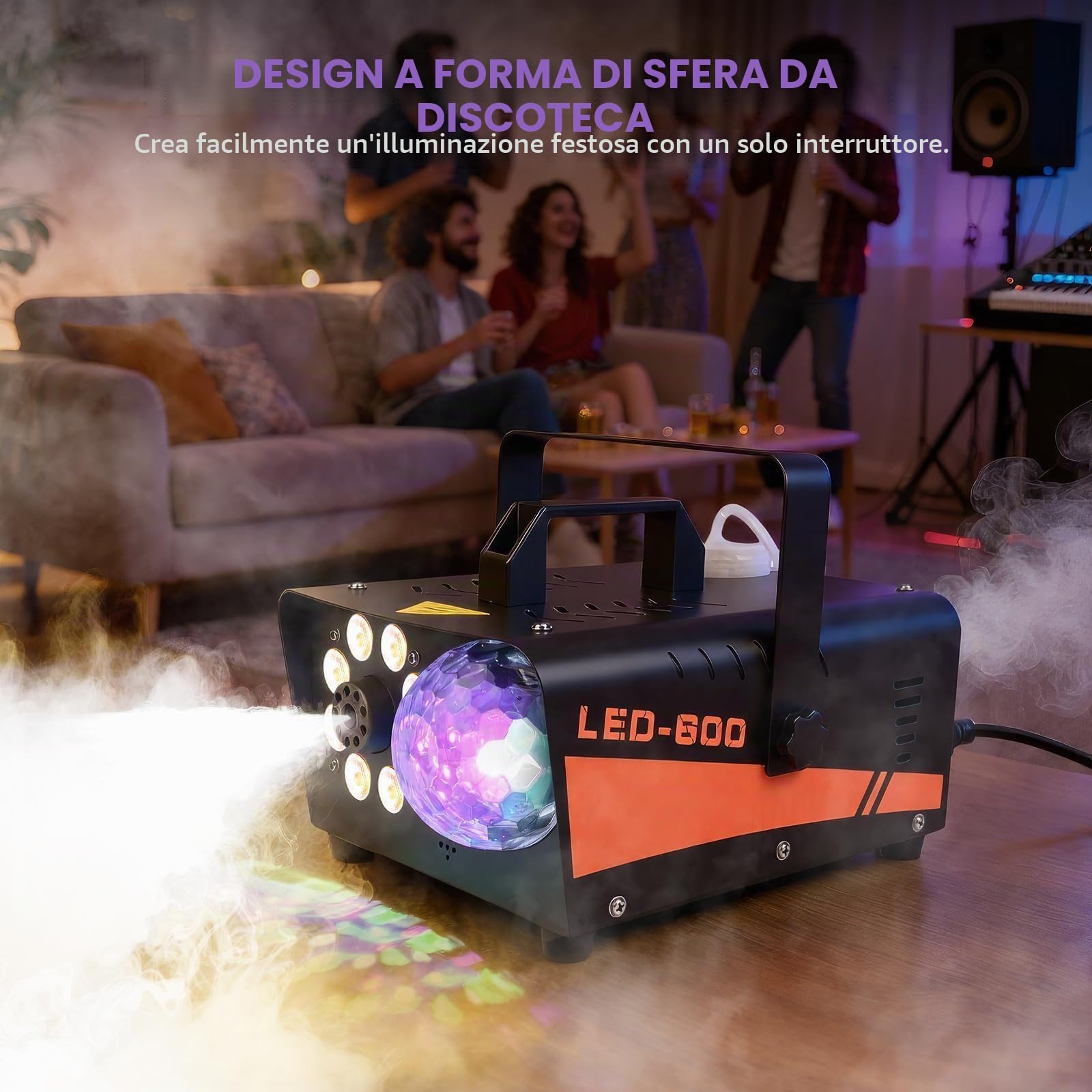 Macchina del Fumo 600W con Effetti LED RGB 13 Colori & Luce Disco – Macchina Nebbia 3000CFM con Telecomando Cablato/Senza Fili, Ideale per Halloween, Feste, Matrimoni, DJ Set, Interno ed Esterno