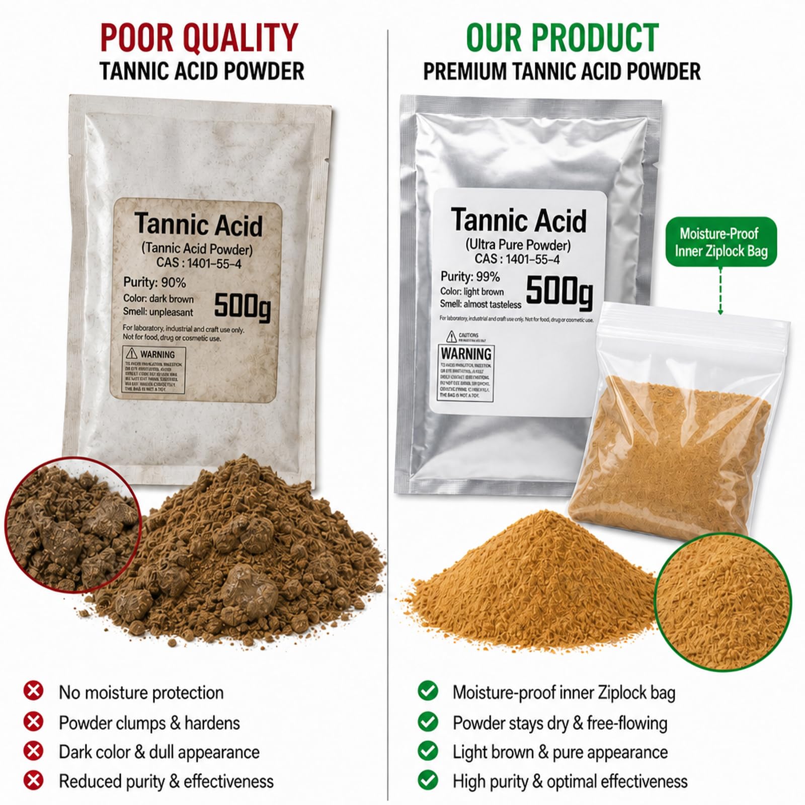 Poudre d'acide tannique pur à 99% contre la rouille, 100 g-500g