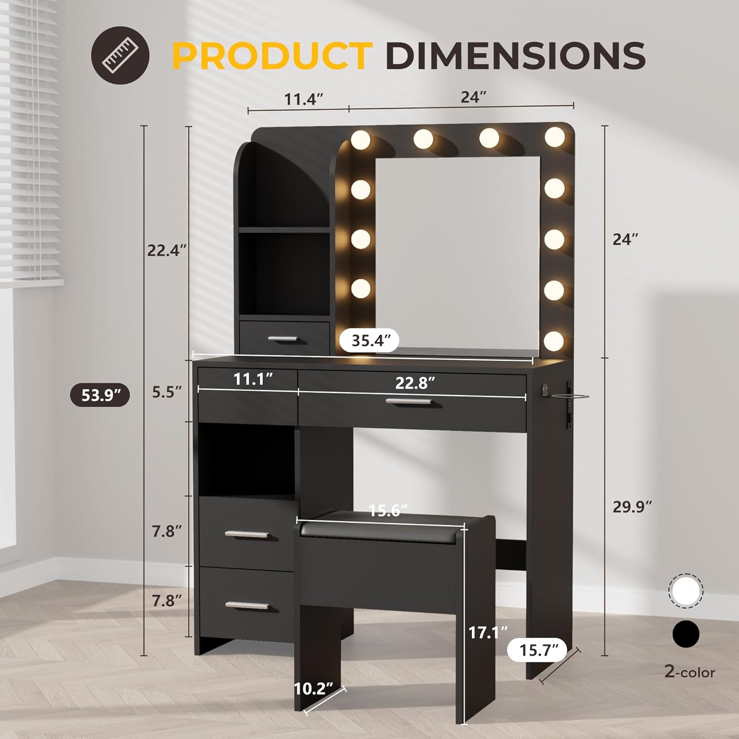 Vanity Desk with LED Lighted Mirror&Power Outlet, 3 Lighting Colors Makeup Vanity Desk with 5 Large Drawers and 3 Storage Shelves, Black Vanity with Storage Stool for Bedroom