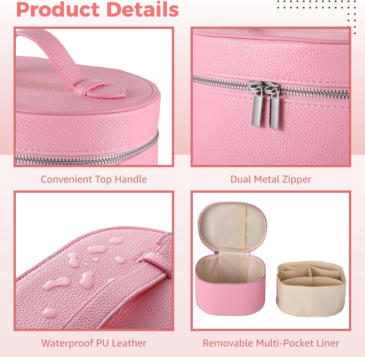 Makeup Vanity Bag for Women - Large Capacity Cosmetic Organizer with Removable Liner, Waterproof PU Leather Skincare Bag, Portable chic Cosmetic Make Up Case for Skincare, Brushes, Accessories, Pink - Image 5