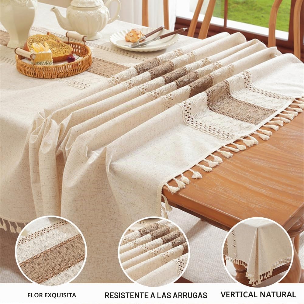 Mantel Antimanchas Rectangular Algodón y Lino Impermeable Manteles de Mesa Elegante con Borla para Exterior Jardin,Cocina Decoracion Mesa Comedor(Beige,140x300cm)