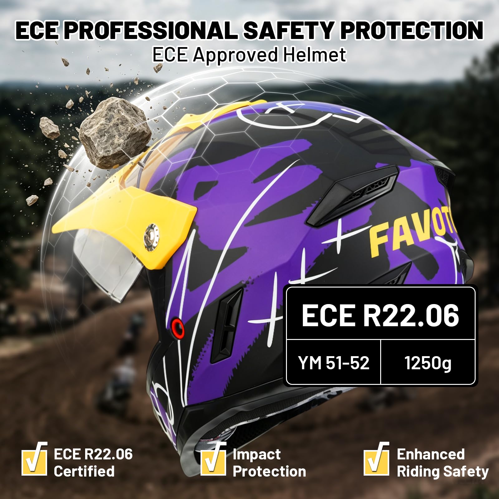 Favoto Casco Motocross Bambino con Occhiali – Protezione Professionale ECE 22.06 per Offroad, Cross e Dirt Bike, Viola-Giallo M (51–52 cm)