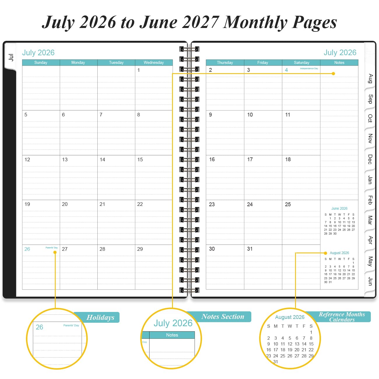 Terminkalender 2026-2027 - Stundenplaner von Juli 2026 - Juni 2027, Terminkalender Wochenbuch 2026-2027 mit 30-Minuten-Intervall, 16,3 x 21,6 cm, Schwarz