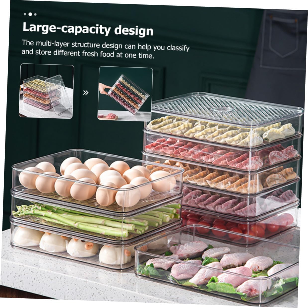 OSALADI Refrigerator Food Storage Box Dual-layer Cold Storage Dumpling Container with Lid Egg Fresh-keeping Organizer for Fridge and Freezer Kitchen Storage