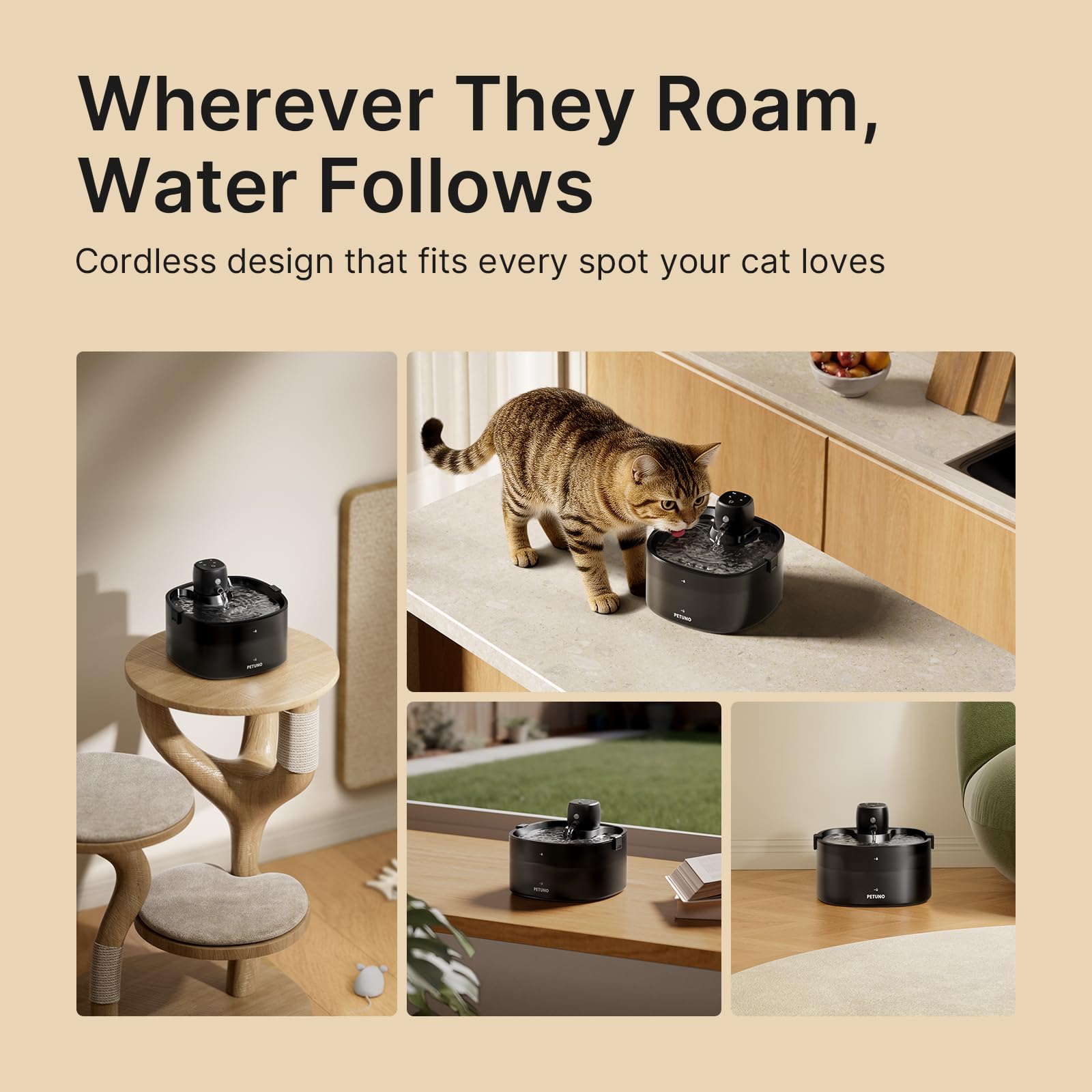 Fontaine à eau sans fil pour chat de 2,3 l avec batterie de 4000 mAh, avec détecteur de mouvement, pompe ultra silencieuse et couvercle verrouillable avec 6 filtres, noir