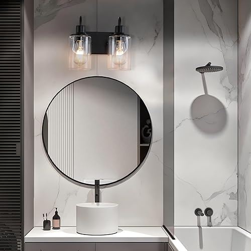 Miniatura 4 de Lámpara de baño negra mate sobre espejo, lámpara de tocador de baño de 2 luces con pantalla de vidrio transparente, apliques de pared modernos de