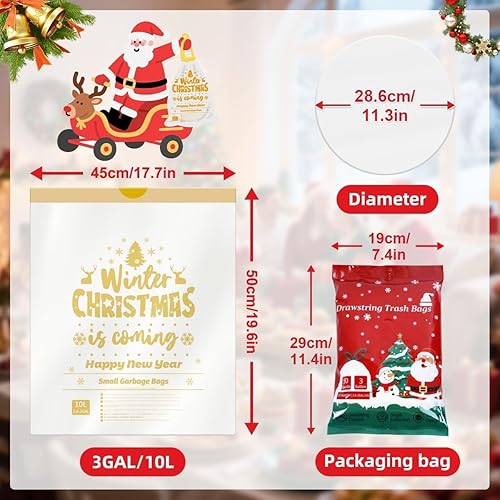 Miniatura 8 de Bolsas de basura doradas de Navidad de 3 galones 50 bolsas de basura pequeñas con cordón impresas navideñas, forros de basura impresos festivos,