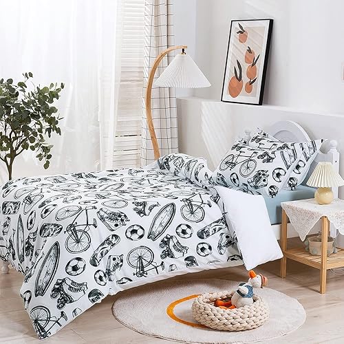 Funda de edredón de fútbol deportivo, ropa de cama matrimonial para bicicletas y bicicletas (1 funda de edredón y 2 fundas de almohada) para niños y
