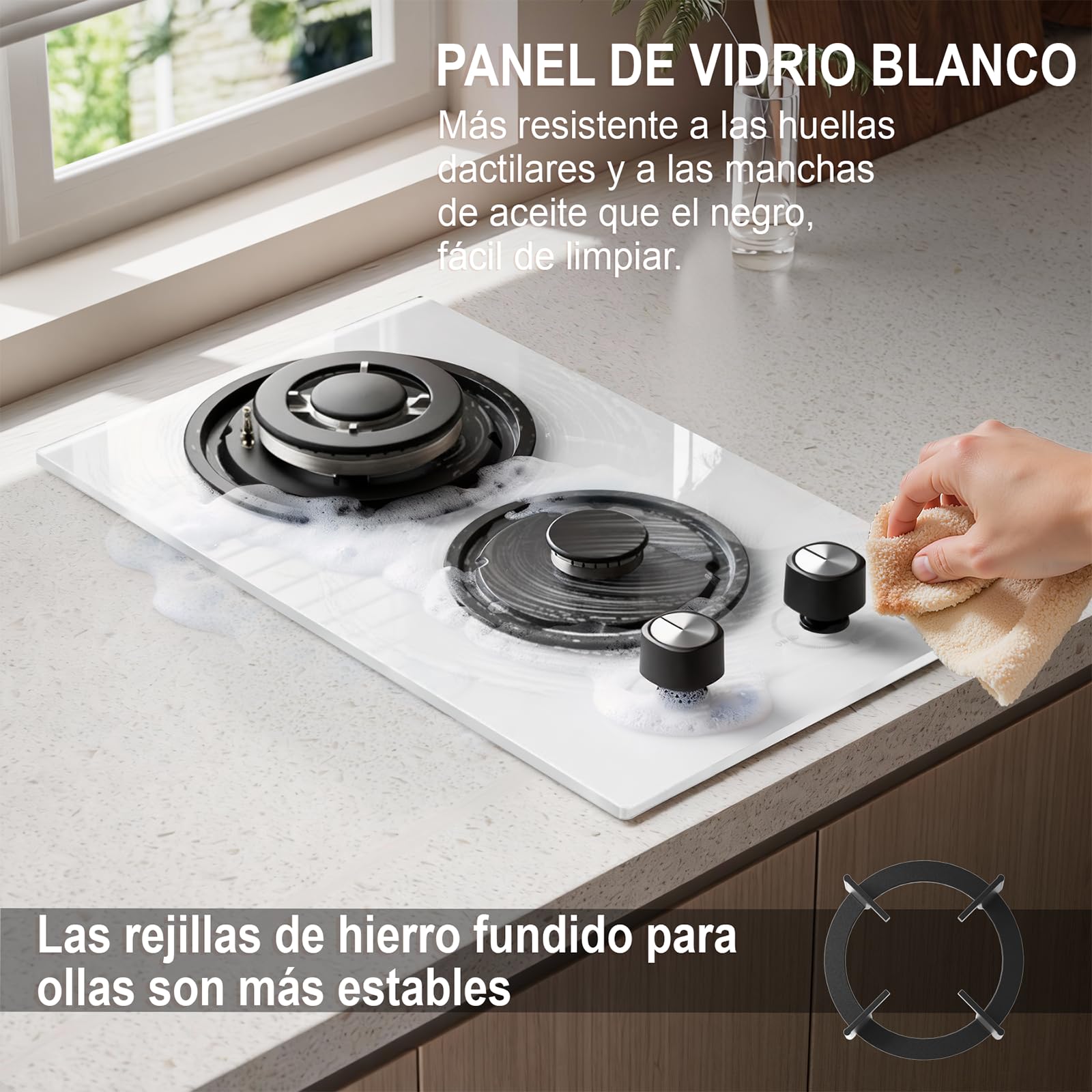 IsEasy Placa de Gas 2 Fuegos Blanco, Encimera de Gas Butano/Natural/Propano, 4300 W, 31 cm, Cocina Empotrable, Cristal Blanco