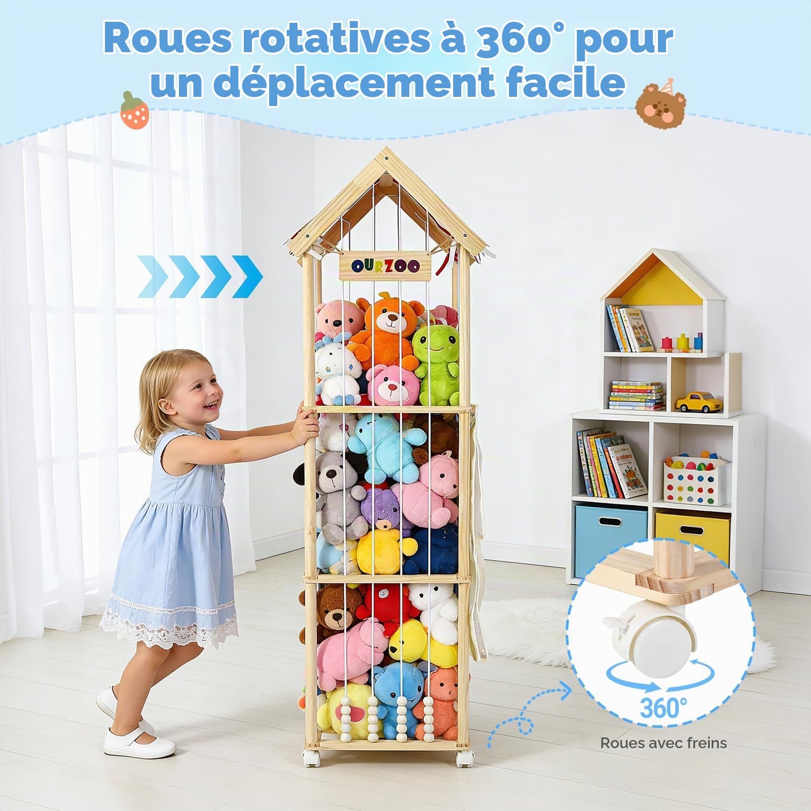 Rangement pour Peluches, 151x46x46CM Rangement Peluche Enfant en Bois Massif, Range Peluche avec Roulettes Pivotantes Verrouillables à 360° pour Chambre de Bébé, Salon, Chambre D'enfant