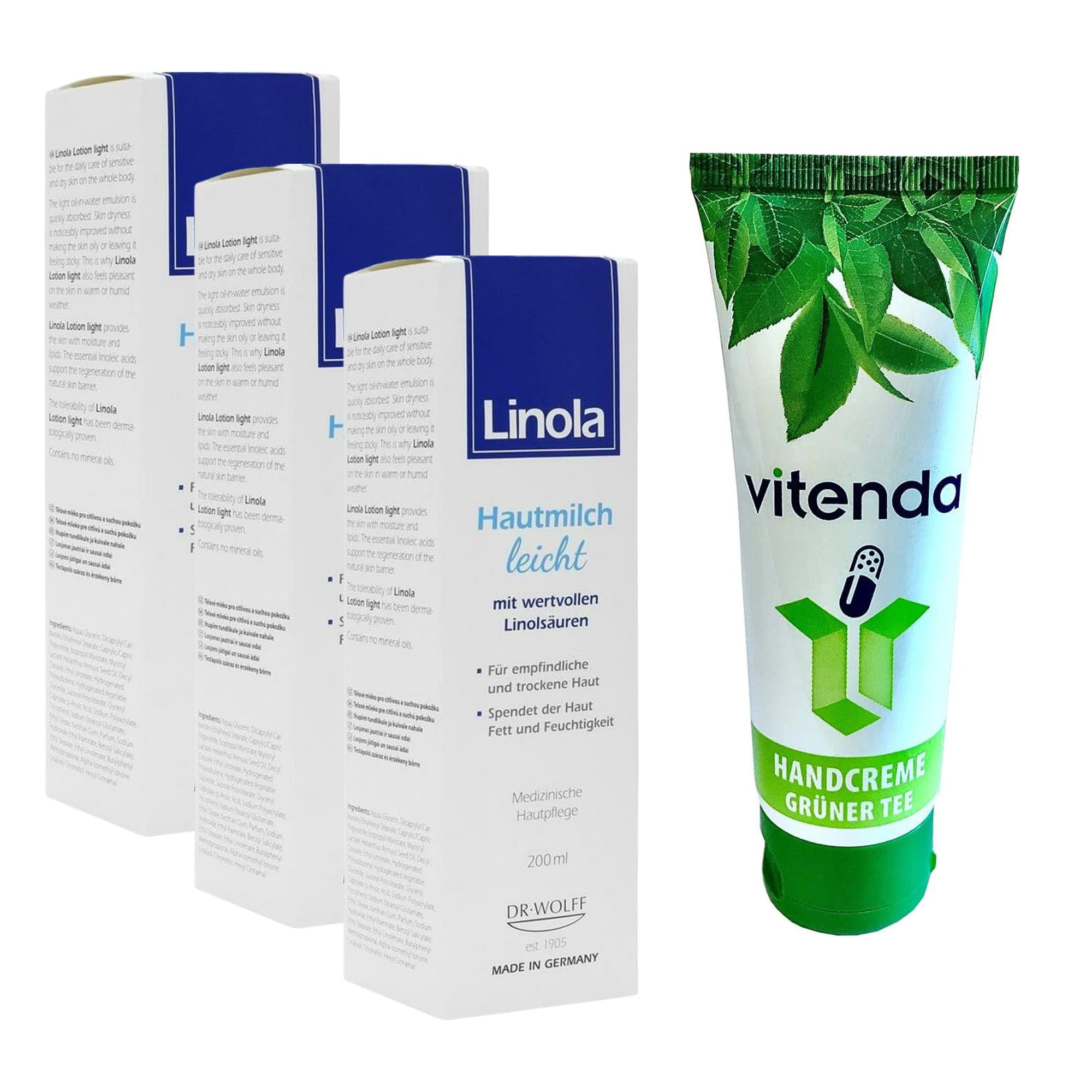 Set: Hautmilch leicht mit Linola für trockene & empfindliche Haut, feuchtigkeitsspendende Körperlotion, 3x200ml – inkl. vitenda Handcreme