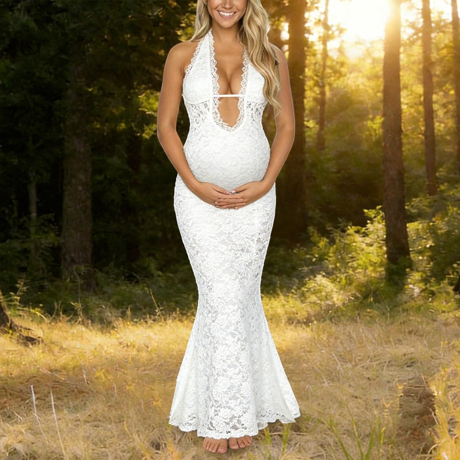 Generisch Abito premaman da donna, sexy, scollo a V profondo, abito premaman con allacciatura al collo, elegante abito per gravidanza, abito da sera in gravidanza, comodo abito per gravidanza