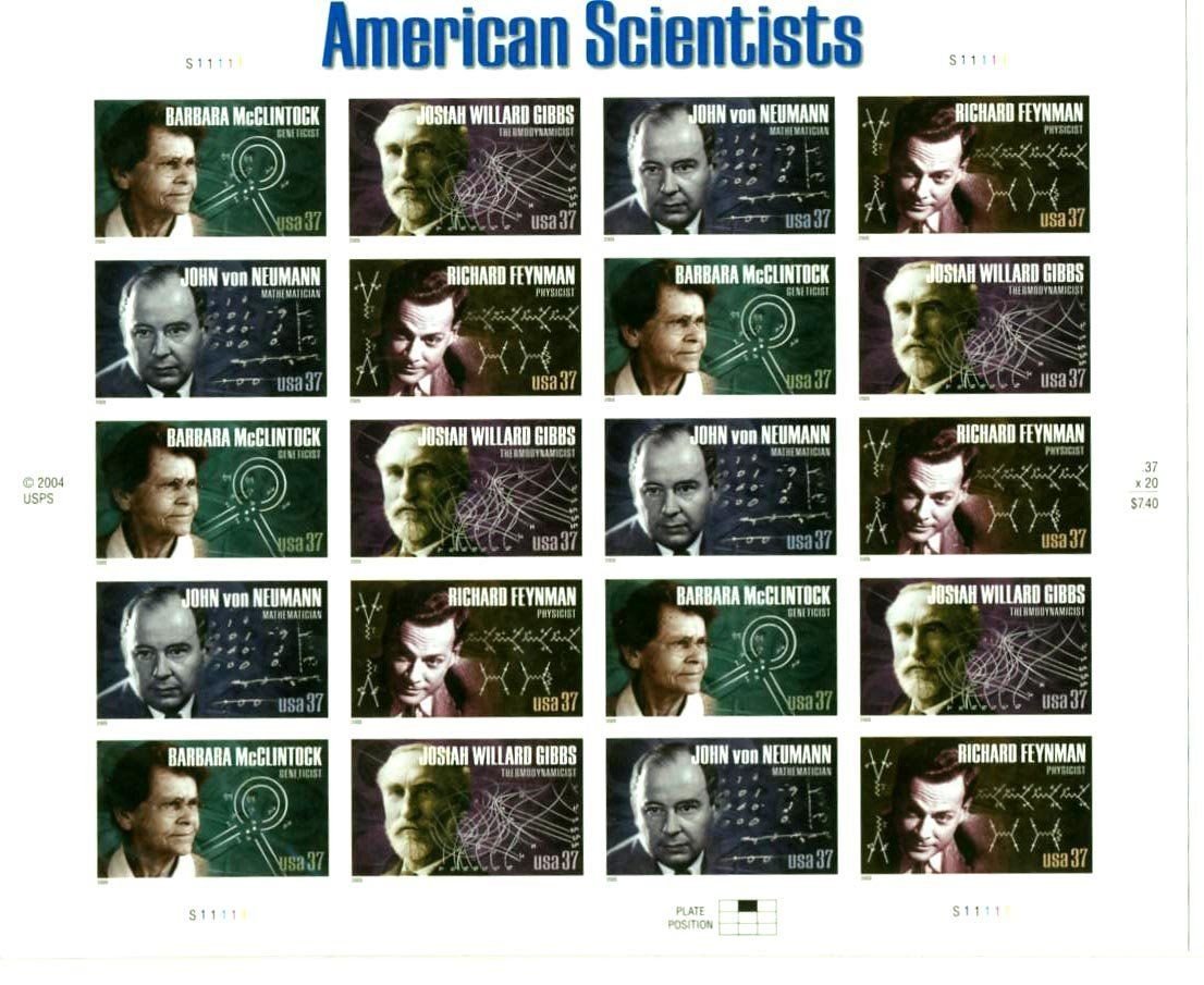 United States Postal Service USPS American Scientists (Barbara McClintock, Josiah Willard Gibbs, John von Neumann, Richard Feynman), Full Sheet of 20 x 37-Cent Postage Stamps, USA 2005, Scott 3906-09