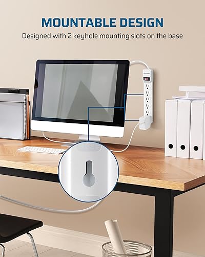 Miniatura 6 de DEWENWILS Paquete de 2 protectores de sobretensiones de 6 salidas con cable de extensión de 6 pies de largo, enchufe plano de perfil bajo, disyuntor