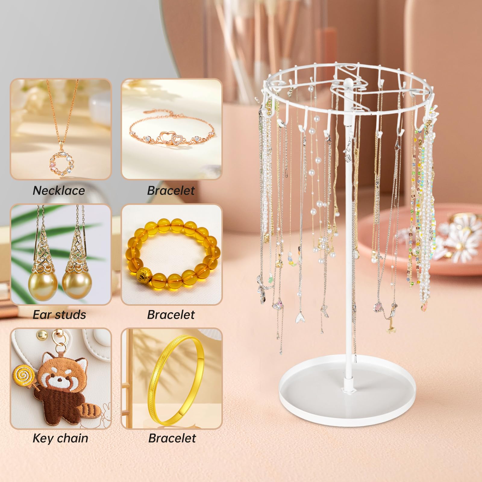 Présentoir à Bijoux Rotatif Blanc - 23 Crochets + Plateau - Rangement Colliers, Bracelets, Boucles D'oreilles