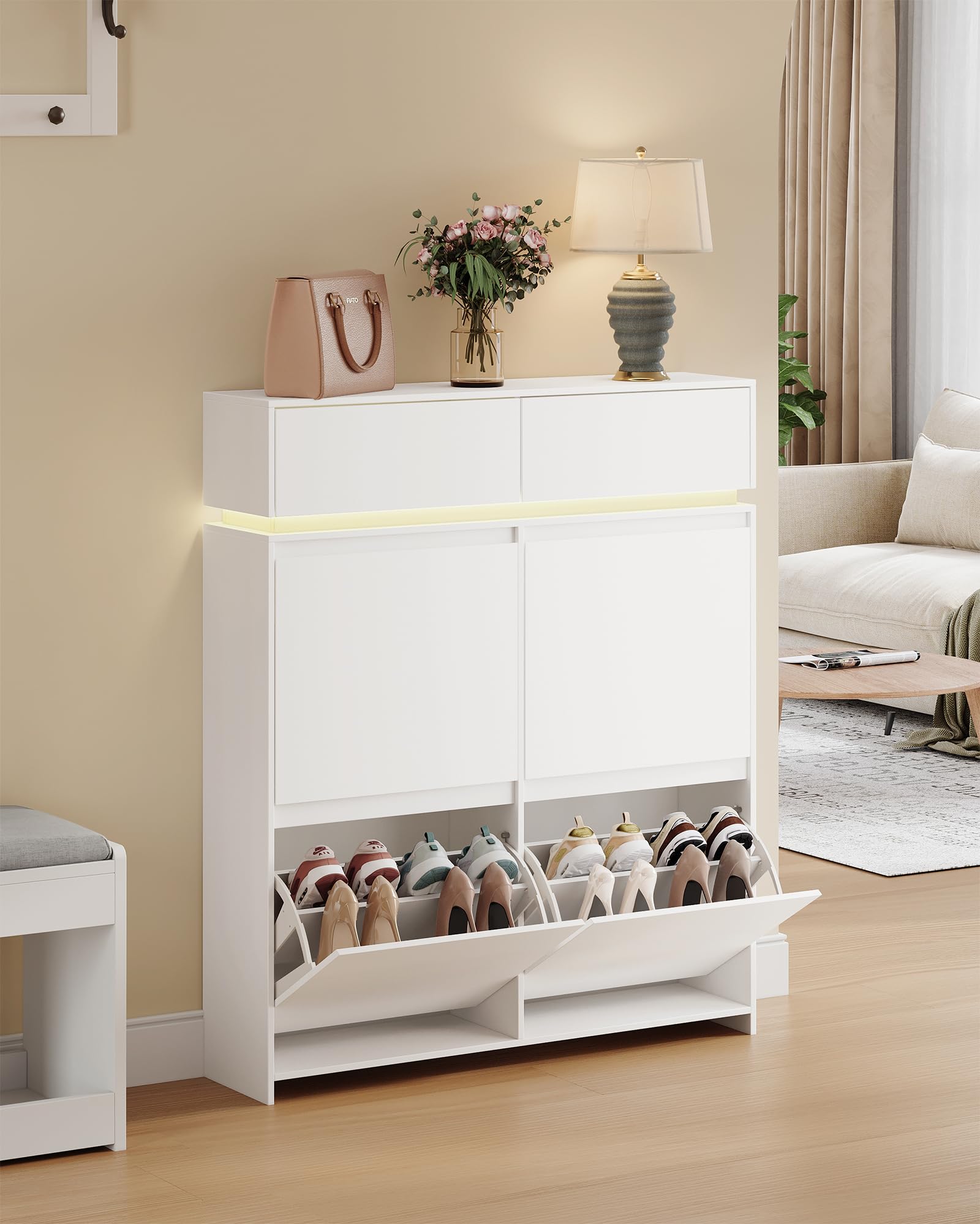 Hzuaneri Schuhschrankmit LED-Leuchten, 20 Paar, 4 Klappen(100B cm)